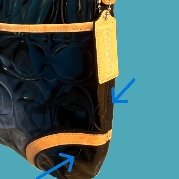 Vintage Coach Peyton Black Patent-Leather Shoulder Bag Tan Leather Trim - Picture 12 of 12
